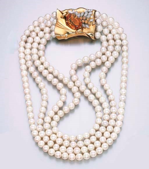 A CULTURED PEARL, TOPAZ AND DIAMOND NECKLACE