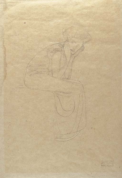 Seated woman holding her head in her hands 
