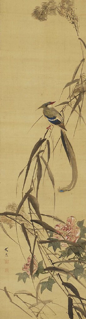 Tani Buncho  1763 1841 Bird  on reed and rose mallow 