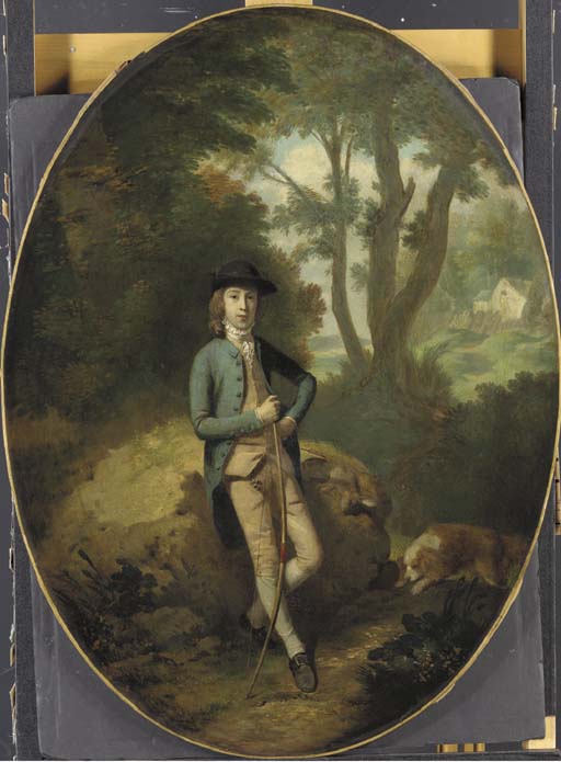 Portrait of Frederick Howard, 5th Earl of Carlisle (1748-1828), standing full-length in a landscape, holding a bow, with a rabbit and a dog
