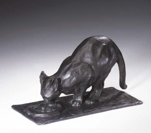 Chat A L Ecuelle A Bronze Sculpture