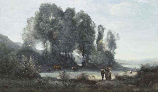 Groupe d'arbres au bord d'un étang avec trois campagnards debout et deux vaches (environs de Ville d'Avray)
