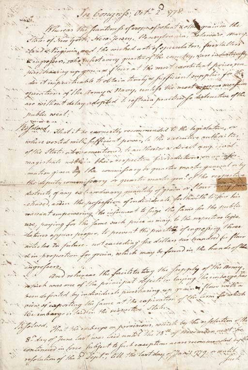 [REVOLUTIONARY WAR, CONTINENTAL CONGRESS]. THOMPSON, Charles (1729-1824 ...