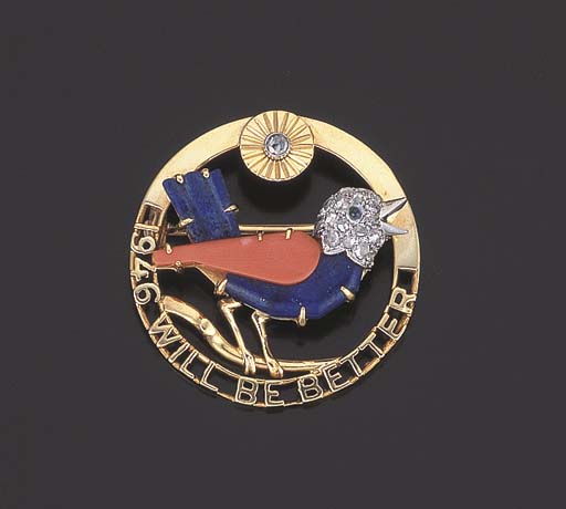 Rare Broche Oiseau Lapis Lazuli Corail Et Diamants Par