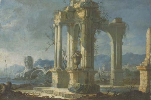 Un temple en ruines près d'un rivage 
