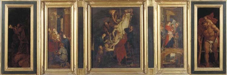 A triptych: the central panel: The Descent from the Cross; the left wing: The Presentation in the Temple; the right wing: The Visitation; the left wing, outer face: The Hermit; the right wing, outer face: Saint Christopher
