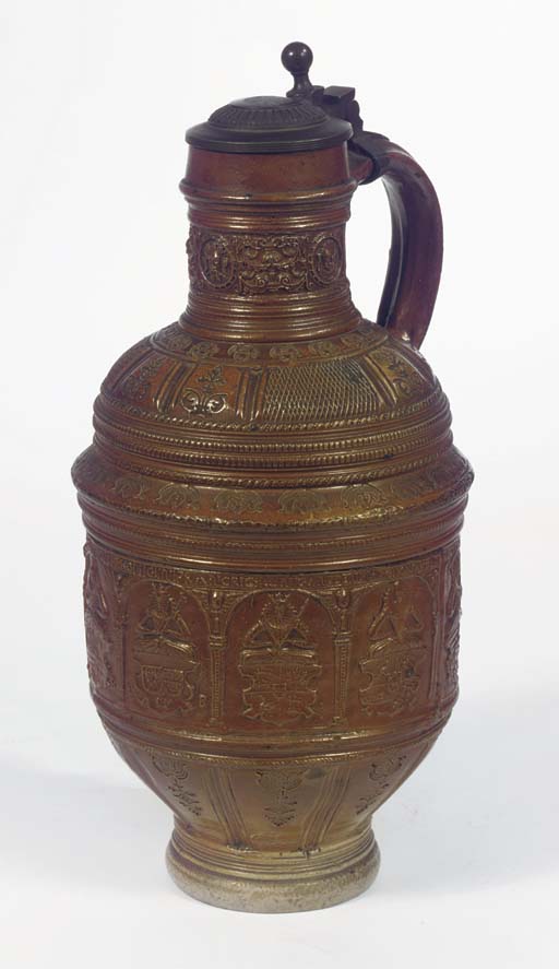 A Large Raeren Stoneware Pewter Mounted Warlords And Monarchs Jug