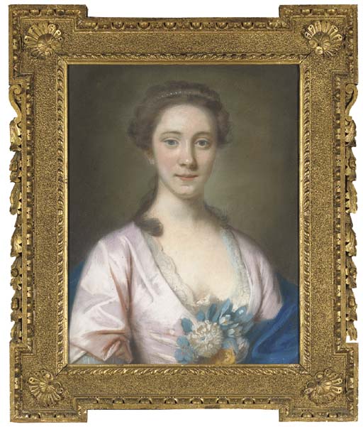 Portrait of Mrs Hanway Ballack, half-length, wearing a pale pink dress trimmed with lace, with a sprig of flowers in her bodice
