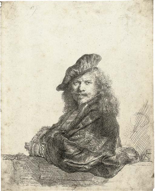 Self Portrait leaning on a Stone Sill (B., Holl. 21; H. 168) 
