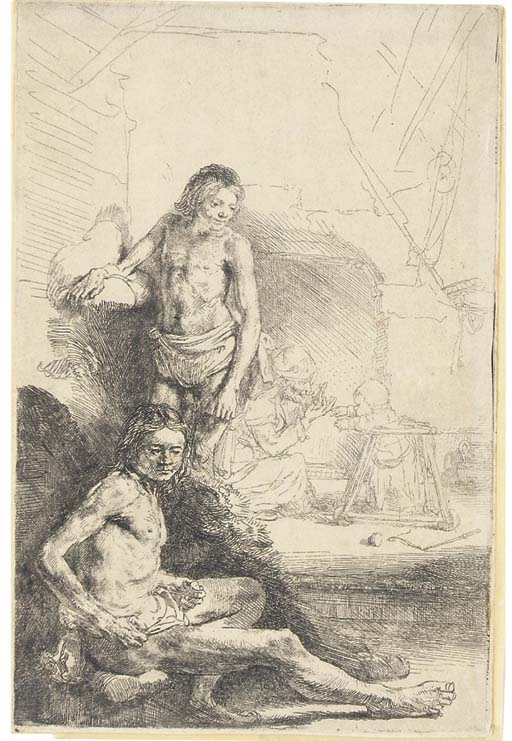 Nude Man seated and another standing, with a Woman and a Baby lightly etched in the Background (B., Holl. 194; H. 222)

