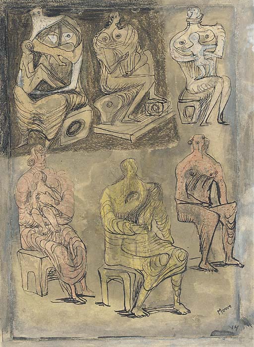 Six seated Women, four holding Children 
