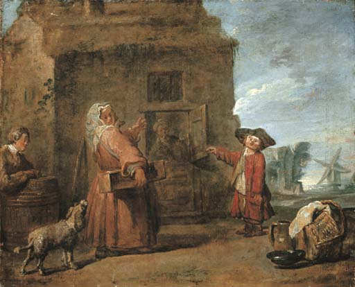 Peasants by a hut in a landscape 
