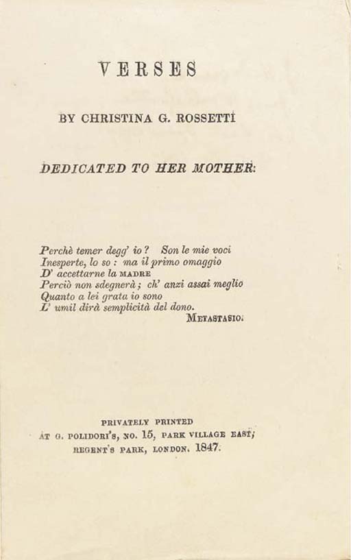 ROSSETTI, Christina Georgina (1830-1894). Verses. London