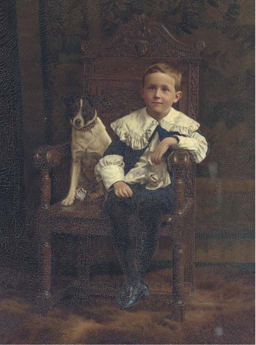 Portrait of a boy, seated full-length, in a blue coat and breeches, a Jack Russell by his side, in an interior
