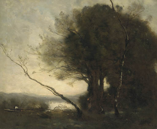 Figures working in a landscape, a lake beyond 
