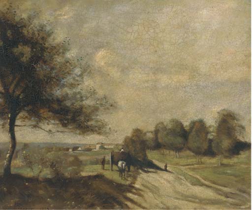 A horse and cart on a country road 

