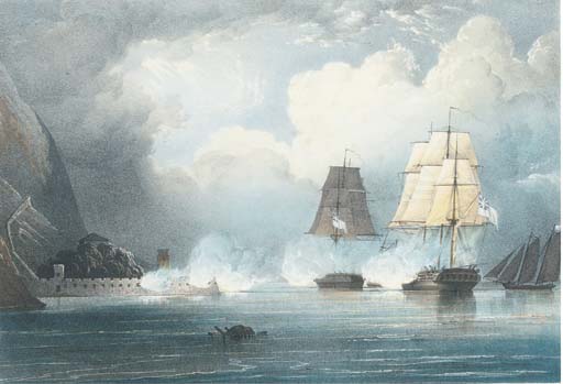 Forcing the passage of the Bocca Tigris in China on the 7th and 9th Sept.r, 1834, by H.M.S. Imogene and Andromache, published by Ackermann & Co., London
