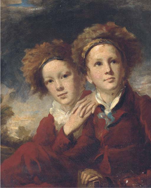 Double portrait of two boys, seated half-length, in red suits in a landscape
