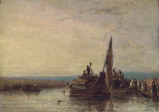 Figures boarding a ferry 
