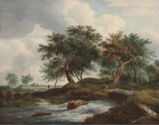 Figures resting by a river in a Dutch landscape 
