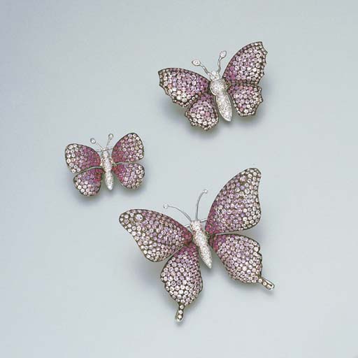 THREE PINK SAPPHIRE AND DIAMOND BUTTERFLY BROOCHES Christie's