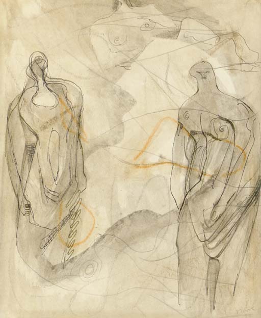 One reclining and two standing figures 
