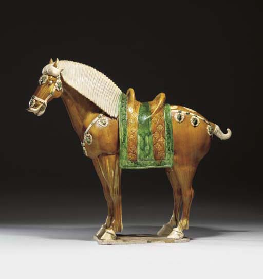 A MASSIVE UNUSUAL SANCAIGLAZED POTTERY FIGURE OF A FERGHANA HORSE