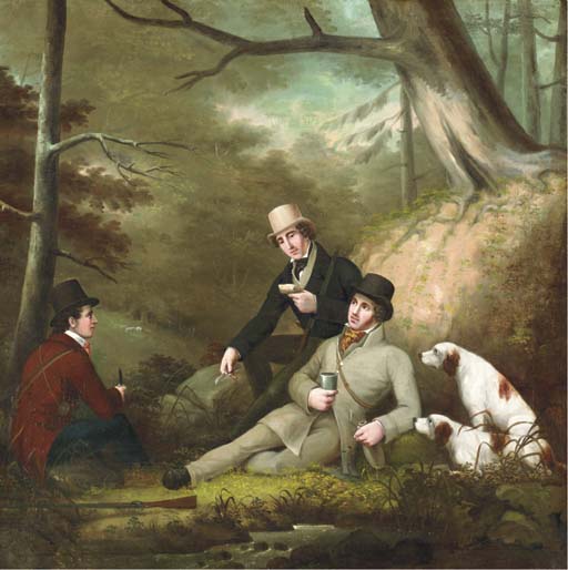 Sportsmen taking lunch by a stream, in a woodland setting; A sportsman out shooting with his spaniels in the woods

