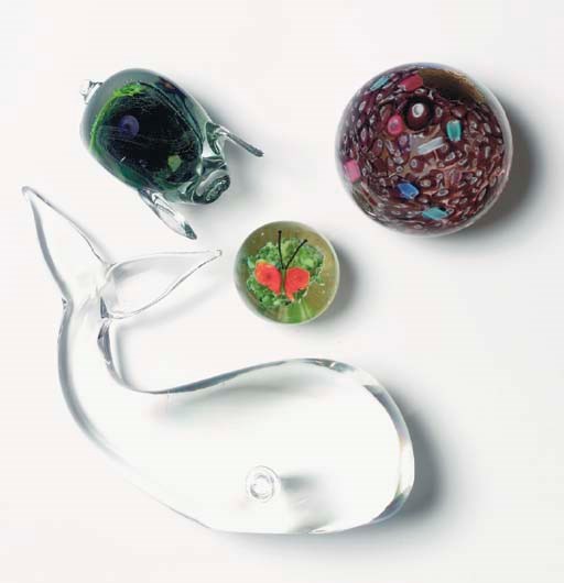 SIX CLEAR GLASS PAPERWEIGHTS MODELLED AS ANIMALS,