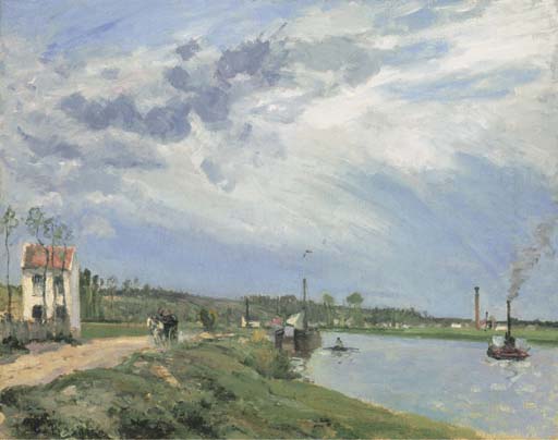 Chemin au bord de l'Oise avec péniche, barque, remorqueur, Pontoise 
