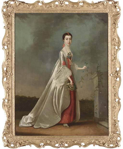 Portrait of a lady, said to be the Duchess of Somerset, small full-length, in a red and white dress, in a landscape

