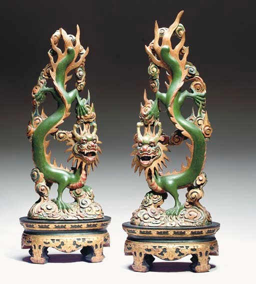 A PAIR OF CHINESE CARVED WOOD DRAGONS,