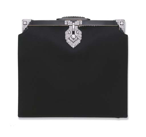 AN EXQUISITE ART DECO DIAMOND AND ENAMEL EVENING BAG, BY CARTIER