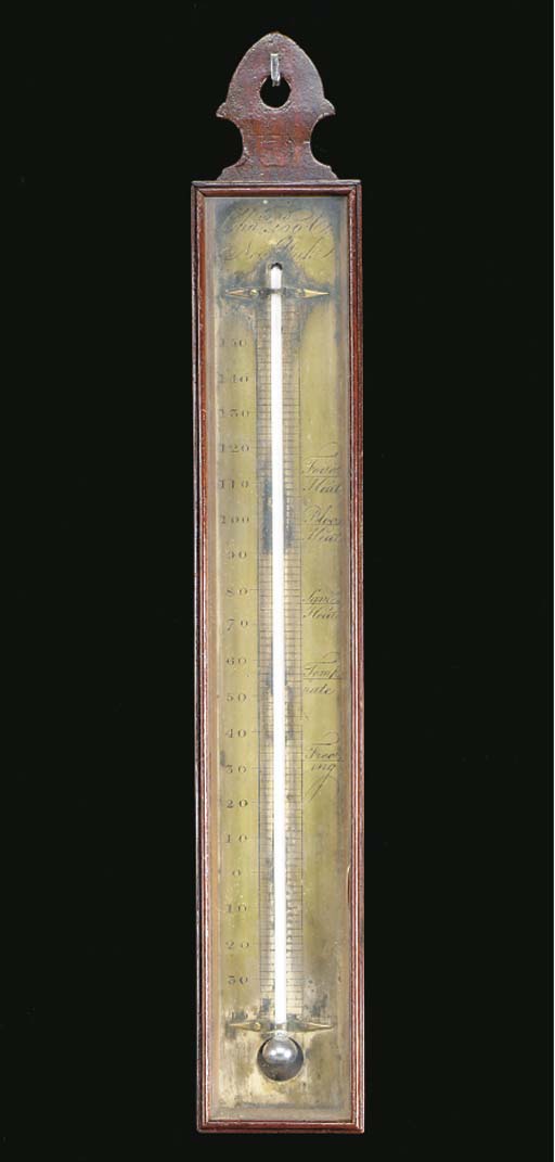 A FEDERAL MAHOGANY AND BRASS THERMOMETER TOGETHER WITH A VICTORIAN