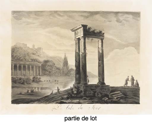 Des personnages dans des ruines Antiques; et Un temple et des colonnes près d'un lac avec des personnages
