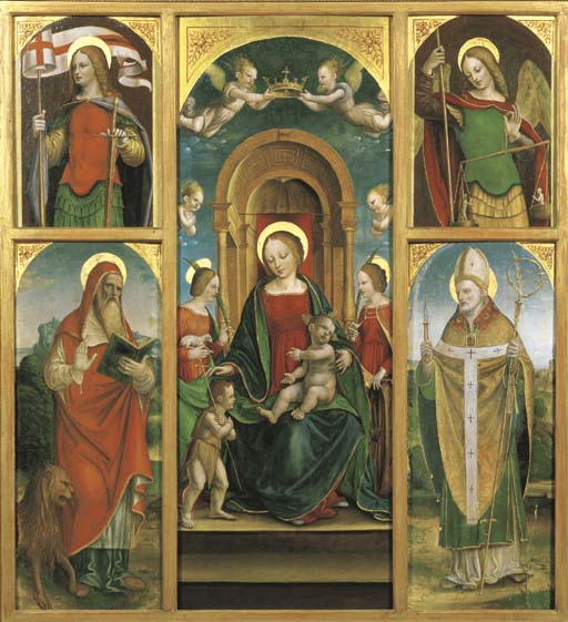 Polittico: Madonna con Bambino, San Giovannino, Sant'Agnese e Santa Caterina d'Alessandria; a sinistra: San Girolamo e San Giorgio (?); a destra: Sant'Ambrogio ed l'Arcangelo Michele
