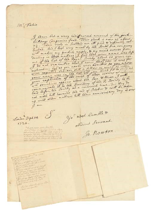 NEWTON, Sir Isaac (1642-1727). Autograph letter signed ('Is. Newton ...