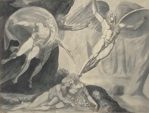 Satan starting from the touch of Ithuriel's spear 
