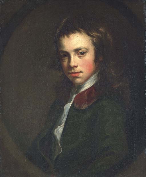 Portrait of a boy, half-length, in a green coat with a fur collar, feigned oval
