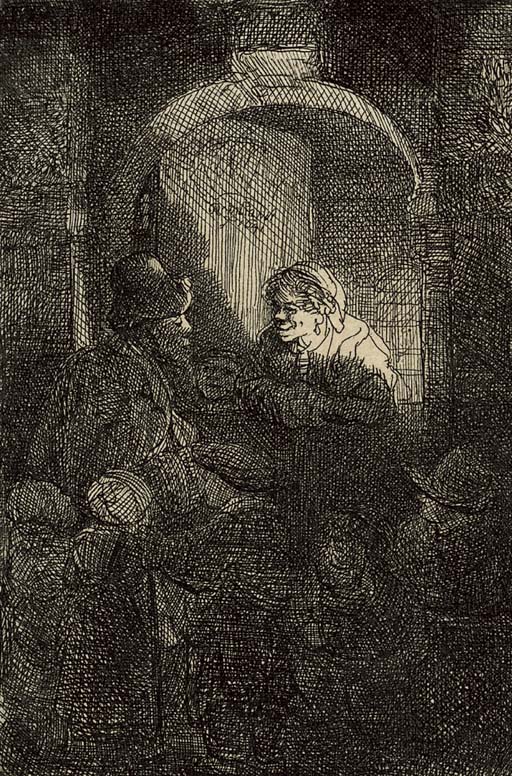 A Woman at a Door Hatch talking to a Man and Children: 'The Schoolmaster' (B., Holl. 128; H. 192)
