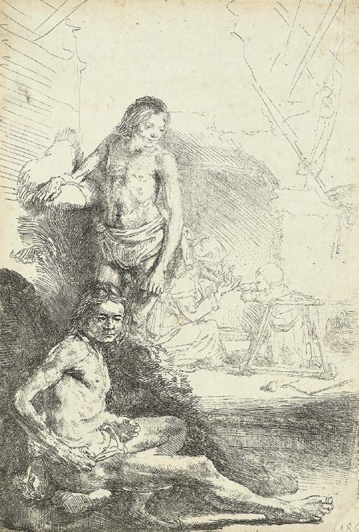 A nude Man seated and another standing, with a Woman and a Baby lightly etched in the Background (B., Holl. 194; H. 222)
