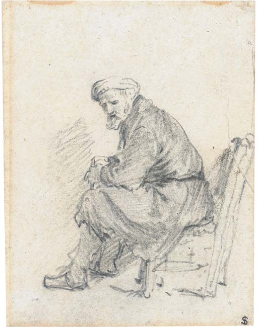 An old man wearing a turban seated in profile to the left 
