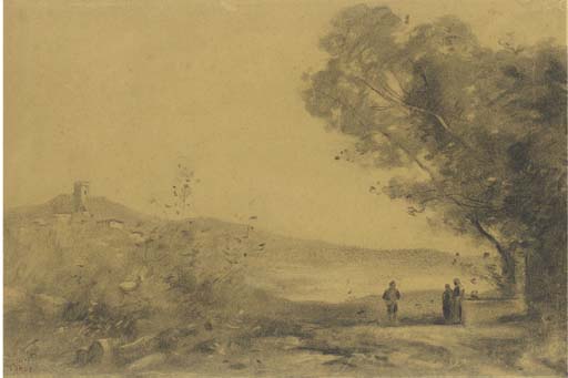 A landscape with a hilltown in the background, three figures to the right
