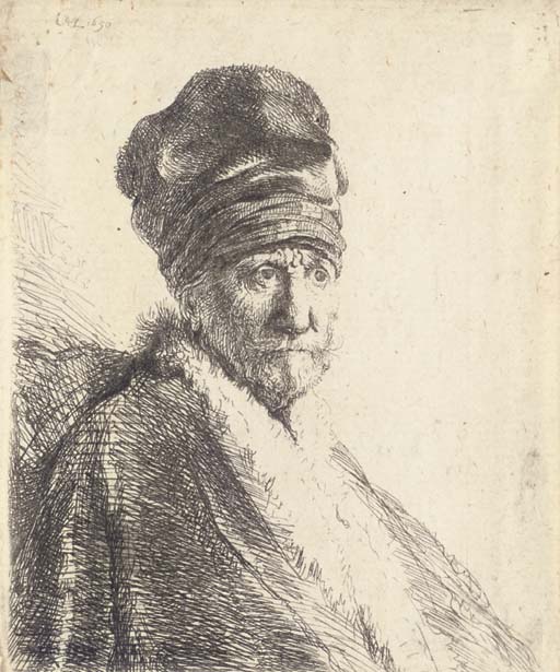 Bust of a Man wearing a high Cap, three quarters right: The Artist's Father? (B., Holl. 321; H. 22)
