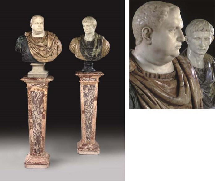 TWO COLOURED MARBLE BUSTS OF THE EMPERORS VITELLIUS AND AUGUSTUS