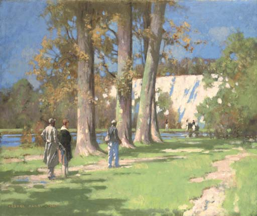 Figures walking by a lake 

