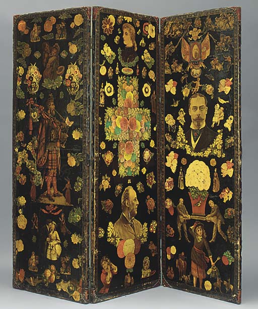 A LATE VICTORIAN DECOUPAGE THREEFOLD SCREEN , LATE 19TH CENTURY