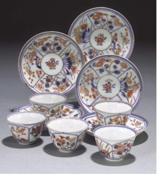 A set of five Japanese Imari tea cups and saucers, circa 1700