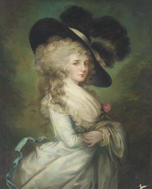 Portrait of Georgiana, Duchess of Devonshire (1757-1806), three-quarter-length, in a pale blue dress and black hat
