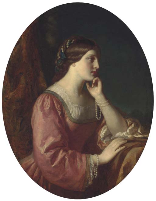 Portrait of the Marchioness of Davenport, half-length, in a lace trimmed pink dress and pearls, in a painted oval

